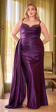 Ladivine CD349C Long Side Sash Overlay Fitted Stretch Satin Gown - eggplant