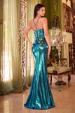 Ladivine CD352 Dress Fitted Metallic Teal Gown