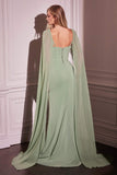 Ladivine CD356 Dress Fitted Chiffon With Long Cape Sleeves - Sage Green