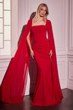 Ladivine CD356 Dress Fitted Chiffon With Long Cape Sleeves - Red
