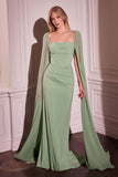 Ladivine CD356 Dress Fitted Chiffon With Long Cape Sleeves - Sage Green