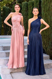 Ladivine CD415 One Shoulder Pleated Luminescent Chiffon Flowy Gown