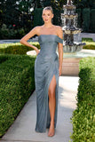 Ladivine CD416 Off Shoulder Pleated Luminescent Chiffon Fitted Gown