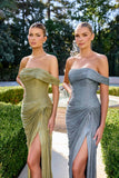 Ladivine CD416 Off Shoulder Pleated Luminescent Chiffon Fitted Gown