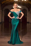 Ladivine CD667 Classic Hollywood Off Shoulder Fitted Stretch Satin Gown