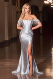 Ladivine CD688 Luxurious Stretch Satin Off Shoulder Fitted Evening Gown