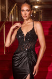 Ladivine CD690 Plunging Halter Neckline Beaded Stretch Satin Dress