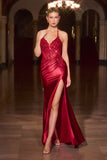 Ladivine CD690 Plunging Halter Neckline Beaded Stretch Satin Dress