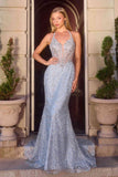 Ladivine CD695 Halter Neck Crystal Sequin Plunging Mermaid Dress