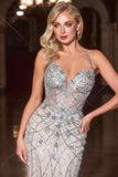 Ladivine CD716 Long Fitted Glamour Gown Halter Strap Crystal Embellishments