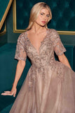 Ladivine CD726 Half Sleeve Mocha V-Neck A-Line Layered Glitter Gown