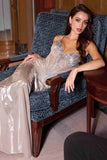 Ladivine CD754 Dress Metallic Silver Fitted Embellished Gown