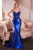 Ladivine CD776 Dress Fitted Satin and Lace Embellished Gown - ROYAL