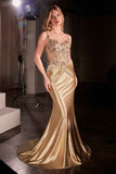 Ladivine CD776 Dress Fitted Satin and Lace Embellished Gown - GOLD