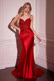 Ladivine CD776 Dress Fitted Satin and Lace Embellished Gown - RED