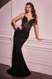 Ladivine CD779 Dress Fit & Flare Stretch Satin Crystal Embellished Gown - BLACK