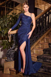 Ladivine CD787 Dress One Shoulder Stretch Satin Fitted Gown - NAVY