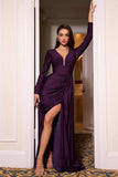 Ladivine CD788 Dress Long Sleeve Stretch Satin Embellished Gown - EGGPLANT