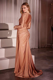 Ladivine CD788 Dress Long Sleeve Stretch Satin Embellished Gown