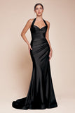 Ladivine CD796 Dress Floor Length Stretch Satin Halter Fitted Gown