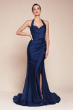 Ladivine CD796 Dress Floor Length Stretch Satin Halter Fitted Gown