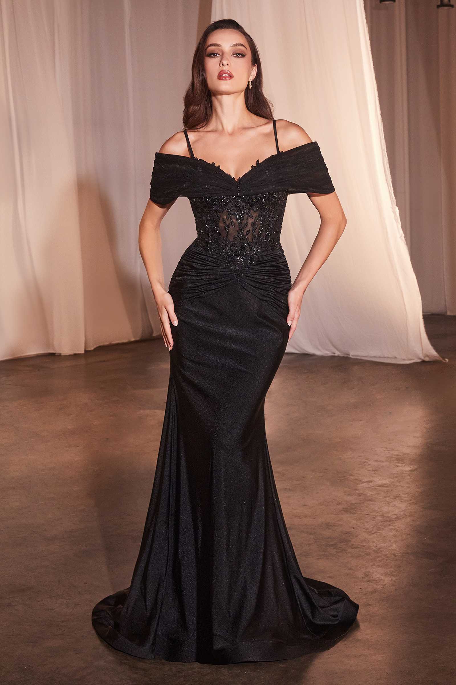 Ladivine CD798 Fitted Satin & Lace Gown With Off The Shoulder Accessory