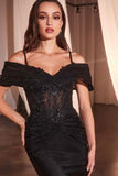 Ladivine CD798 Fitted Satin & Lace Gown With Off The Shoulder Accessory