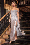 Ladivine CD803 Off The Shoulder Lace & Satin Fitted Gown - SILVER