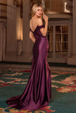Woman in a purple evening gown standing in an elegant interior setting