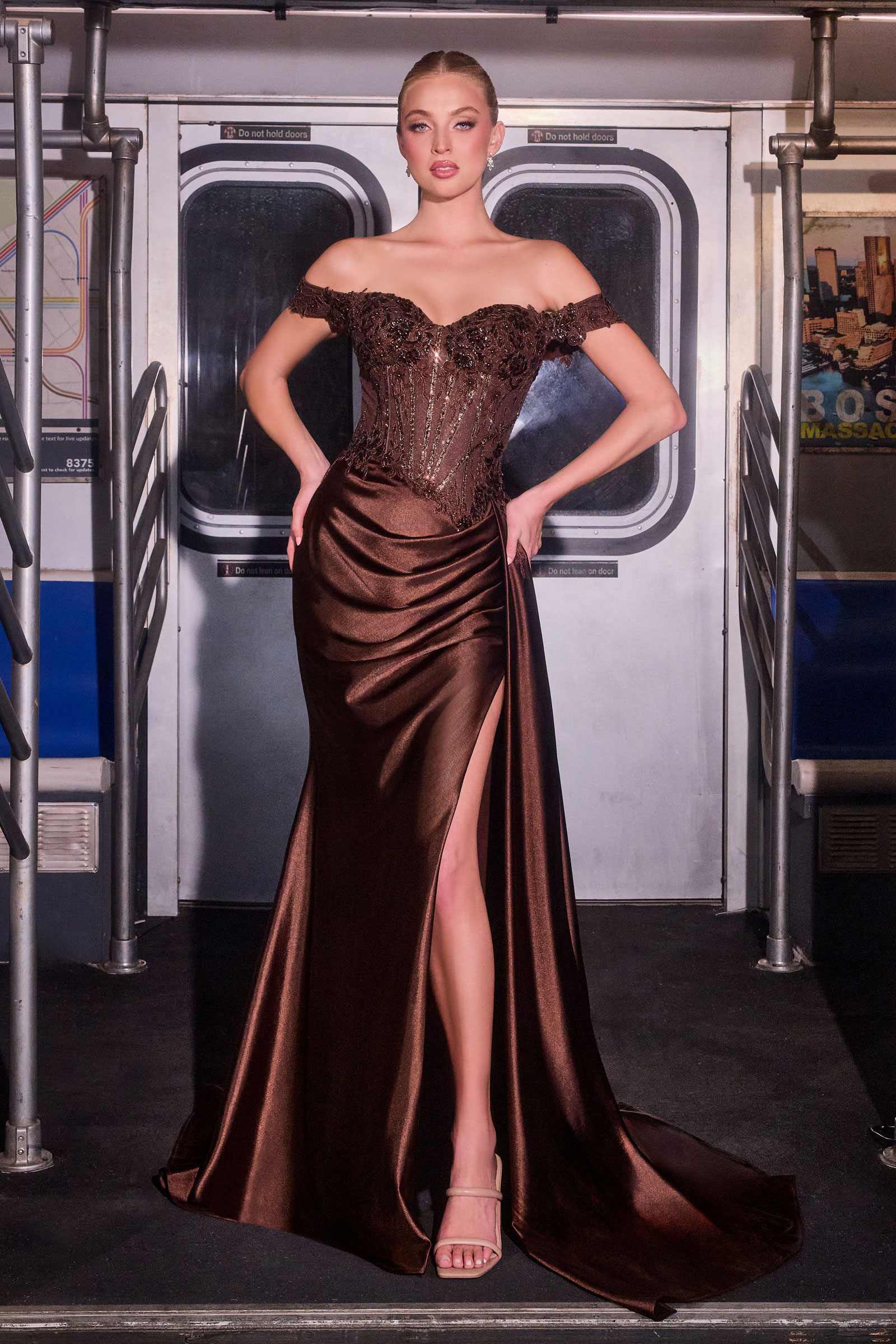 Ladivine CD803 Off The Shoulder Lace & Satin Fitted Gown