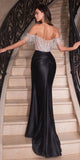 Ladivine CD821 Long Embellished Bodice Off the Shoulder Satin Gown
