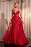 Ladivine CD863 Floor Length Fitted Beaded Tulle Fabric Red Carpet Gown