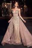 Ladivine CD863 Floor Length Fitted Beaded Tulle Fabric Red Carpet Gown