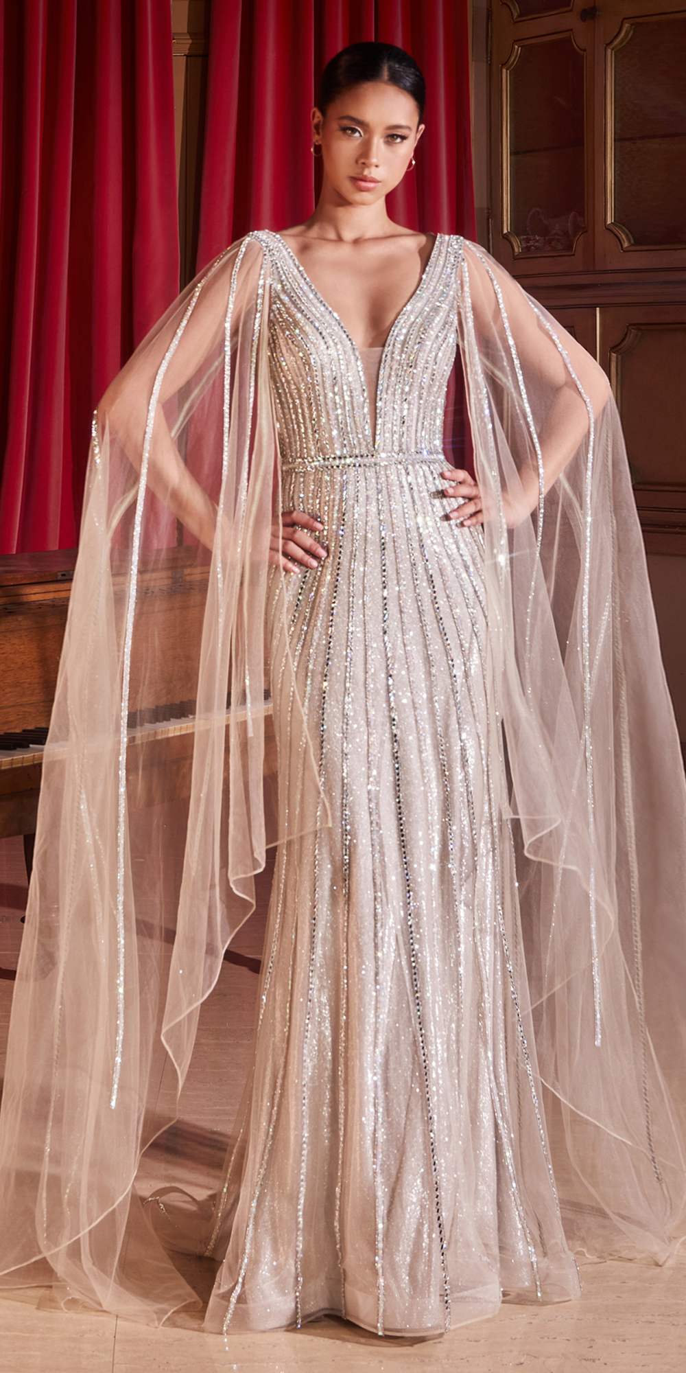 Ladivine CD865 Embellished Long Cape Sleeve Formal Gown