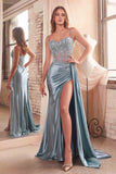 Ladivine CD868 Long Glamorous Lace Detailed Formal Gown Side Sash - DUSTY BLUE
