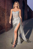 Ladivine CD868 Long Glamorous Lace Detailed Formal Gown Side Sash - SILVER