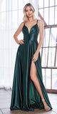 Cinderella Divine CD903 Floor Length Satin A-Line Dress Deep Emerald Pleated Bodice Leg Slit