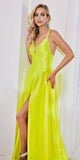 Cinderella Divine CD903 Floor Length Satin A-Line Dress Neon Yellow Pleated Bodice Leg Slit