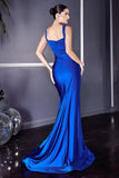 Cinderella Divine CD941 Elegant Long Stretch Satin Formal Royal Blue Gown With Leg Split