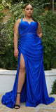 Cinderella Divine CD941 Elegant Long Stretch Satin Formal Royal Blue Gown With Leg Split
