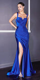 Cinderella Divine CD941 Elegant Long Stretch Satin Formal Royal Blue Gown With Leg Split