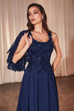 Ladivine CDS503 Dress Chiffon A-Line Beaded Lace Bodice Removable Cape - navy blue