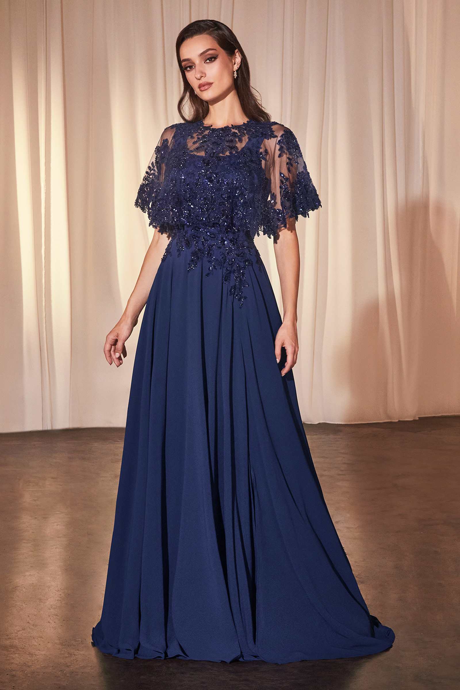 Ladivine CDS503 Dress Chiffon A-Line Beaded Lace Bodice Removable Cape - navy blue