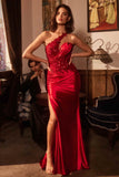 Ladivine CDS535 One Shoulder Satin Dress With Lace Applique