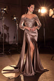 CLEARANCE - Ladivine CDS549 Off Shoulder Mother of the Bride Mocha Gold Gown (Size 18)