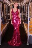 Ladivine CDS551 Plunging Neckline Fitted Red Carpet Sequin Dress