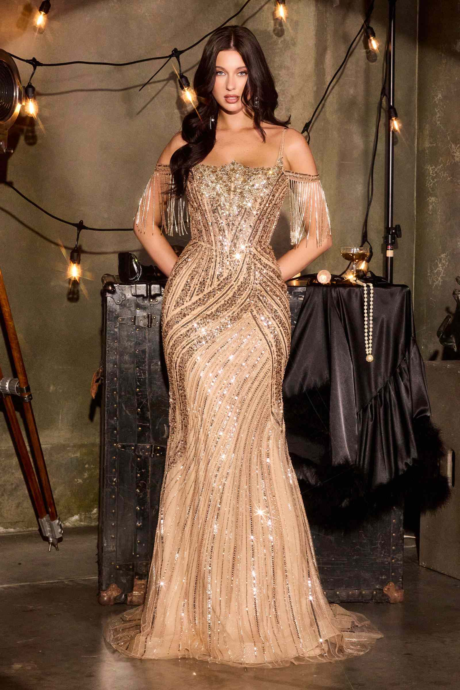 Ladivine CDS555 Beaded Reverse-Sweetheart Gown with Off-Shoulder Fringe Mocha Gold / 16 Ladivine CDS555 Beaded Reverse-Sweetheart Gown with Off-Shoulder Fringe Mocha Gold / 16