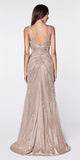 Cinderella Divine CF332 Fitted Glitter Sparkle Ruched Gown Mauve With Leg Slit And V-Neckline