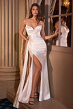 Ladivine CH351W Satin Stretch Fitted Bridal Gown Pointed V-Neckline Sash