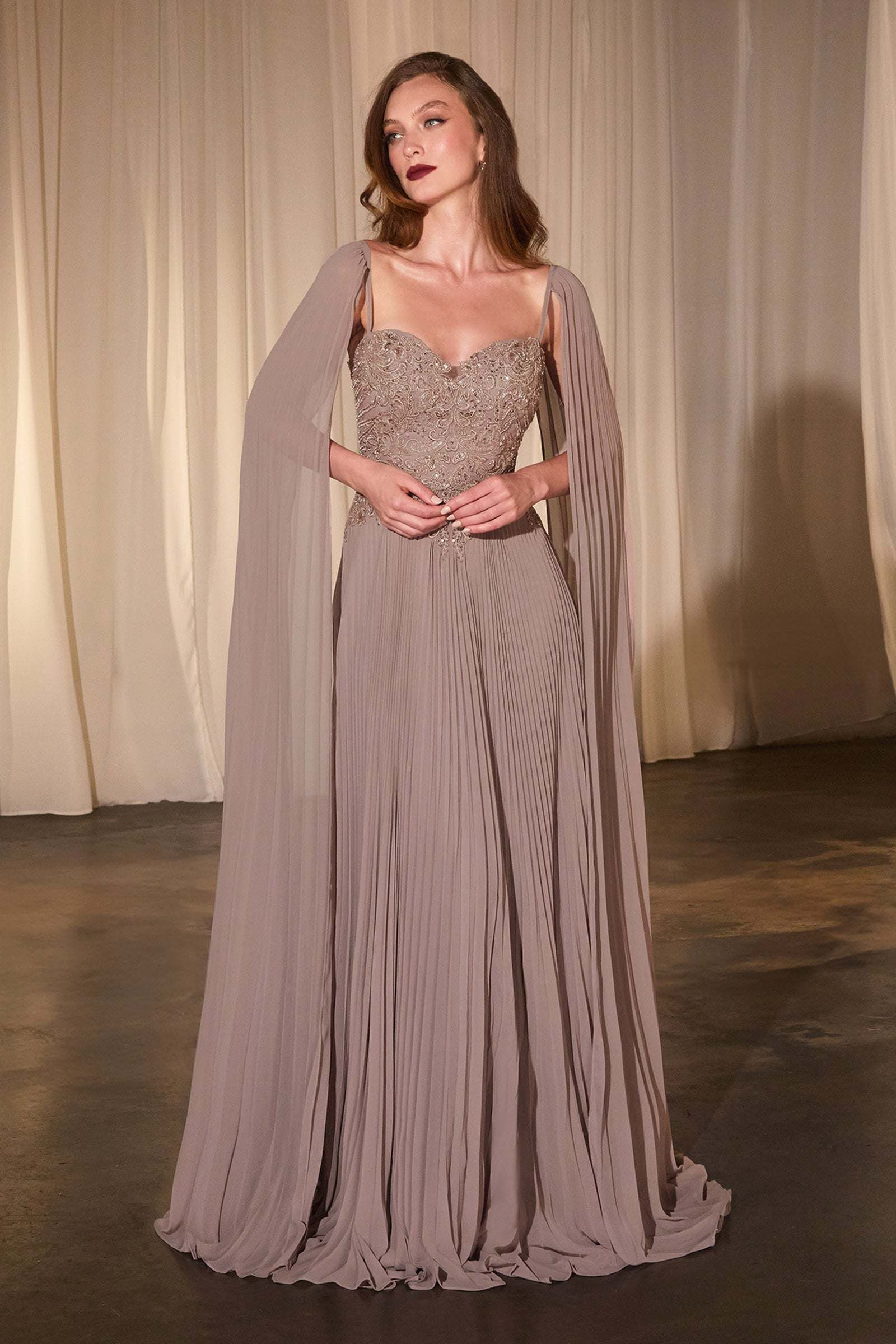 Ladivine CJ937 Pleated A-Line Gown With Cape Sleeves